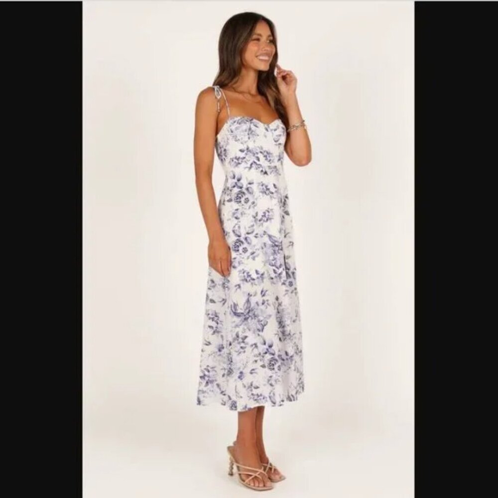 Petal & Pup Azelia White Blue Floral Tie Shoulder Midi Dress 8 - Picture 2 of 10